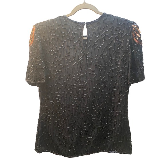 Laurence Kazar Vintage Beaded Silk Blouse Black Copper Sequin Swirl Top Small - Picture 3 of 15